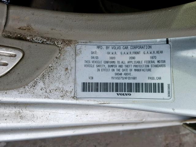 YV1VS27524F031681 - 2004 VOLVO S40 1.9T SILVER photo 10