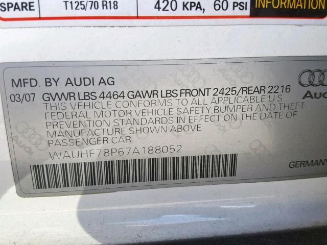 WAUHF78P67A188052 - 2007 AUDI A3 2 WHITE photo 10