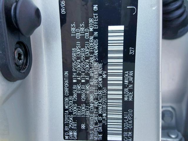 JTJHW31U872011361 - 2007 LEXUS RX 400H SILVER photo 10