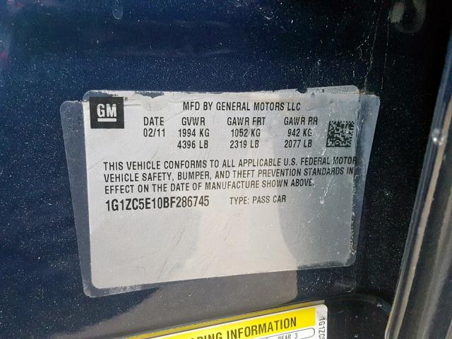 1G1ZC5E10BF286745 - 2011 CHEVROLET MALIBU 1LT BLUE photo 10