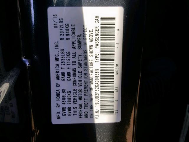 19UUB2F52GA008665 - 2016 ACURA TLX TECH CHARCOAL photo 10