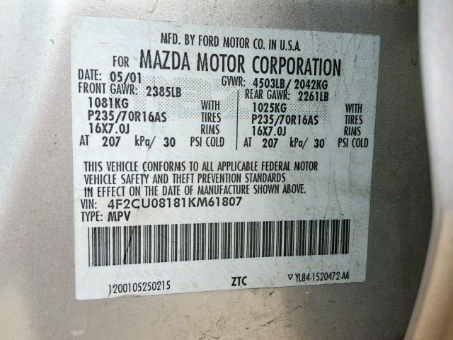 4F2CU08181KM61807 - 2001 MAZDA TRIBUTE LX SILVER photo 10