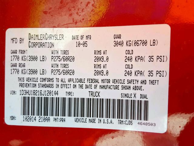 1D3HU18216J120144 - 2006 DODGE RAM 1500 S RED photo 10