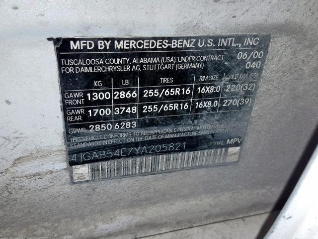 4JGAB54E7YA205821 - 2000 MERCEDES-BENZ ML 320 WHITE photo 10