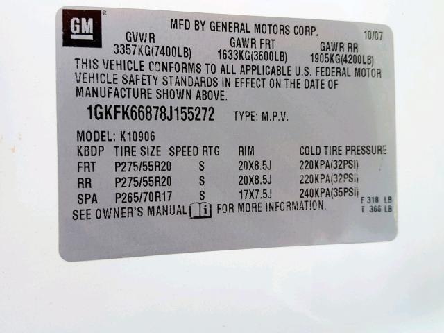 1GKFK66878J155272 - 2008 GMC YUKON XL D WHITE photo 10