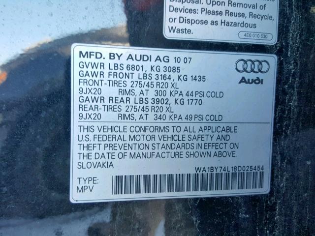 WA1BY74L18D025454 - 2008 AUDI Q7 3.6 QUA BLACK photo 10