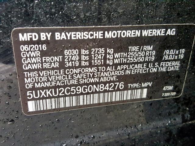 5UXKU2C59G0N84276 - 2016 BMW X6 XDRIVE3 BLACK photo 10