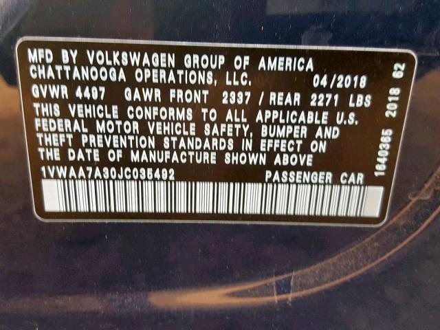 1VWAA7A30JC035492 - 2018 VOLKSWAGEN PASSAT S BLUE photo 10