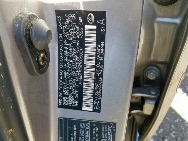 JTHBD192430080011 - 2003 LEXUS IS 300 GRAY photo 10