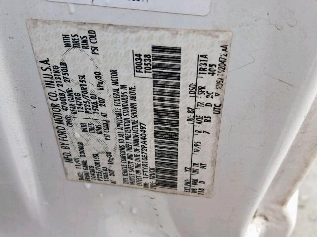 1FTYR10E72PA40497 - 2002 FORD RANGER WHITE photo 10