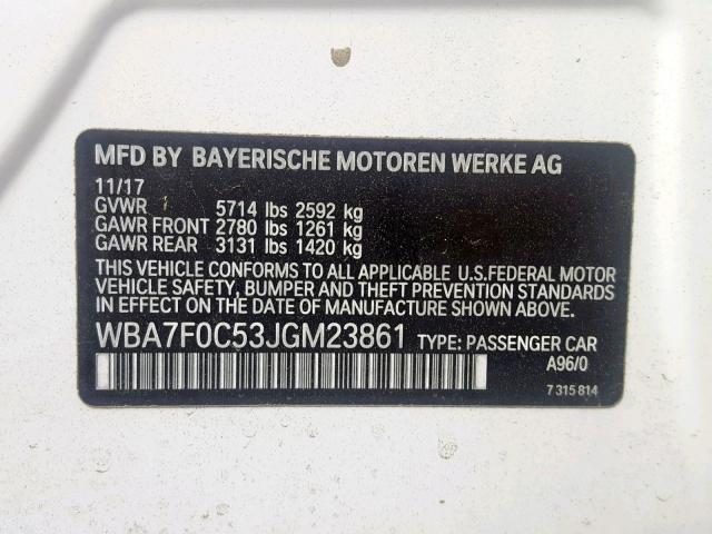 WBA7F0C53JGM23861 - 2018 BMW 750 I WHITE photo 10