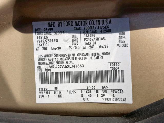 5LMRU27A6XLJ41663 - 1999 LINCOLN NAVIGATOR ოქროსფერი ფოტო 10