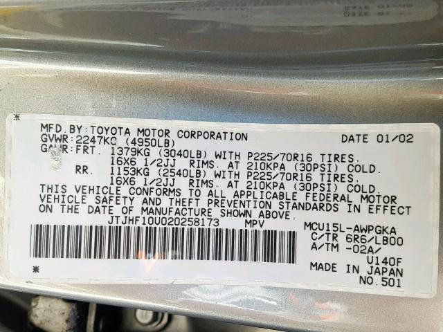 JTJHF10U020258173 - 2002 LEXUS RX 300 GRAY photo 10