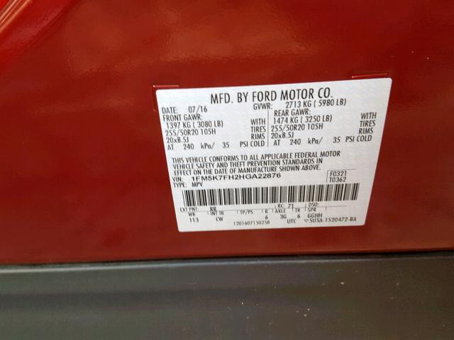 1FM5K7FH2HGA22876 - 2017 FORD EXPLORER L RED photo 10