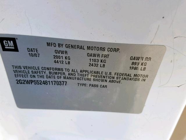 2G2WP552481170377 - 2008 PONTIAC GRAND PRIX WHITE photo 10