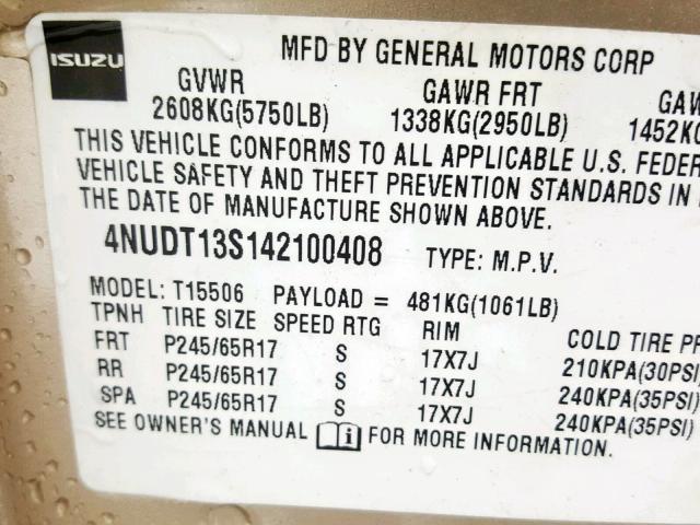 4NUDT13S142100408 - 2004 ISUZU ASCENDER S 金色 照片 10