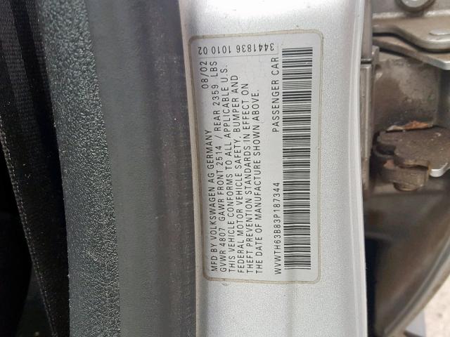 WVWTH63B83P187344 - 2003 VOLKSWAGEN PASSAT GLX 银色 照片 10