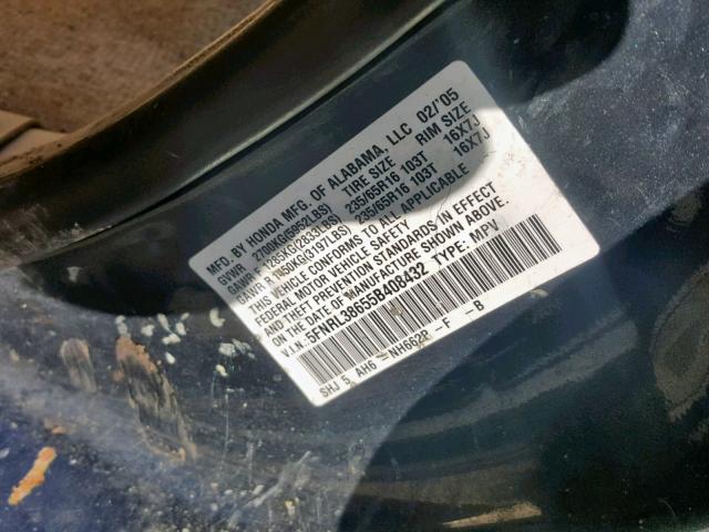 5FNRL38655B408432 - 2005 HONDA ODYSSEY EX GRAY photo 10