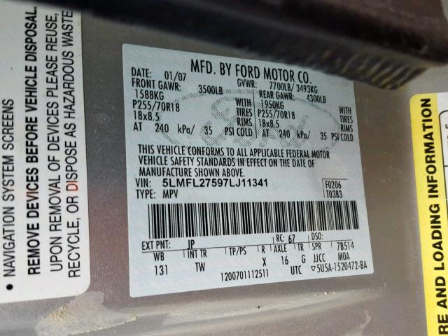 5LMFL27597LJ11341 - 2007 LINCOLN NAVIGATOR 灰色 照片 10