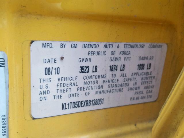 KL1TD5DEXBB138051 - 2011 CHEVROLET AVEO LS YELLOW photo 10