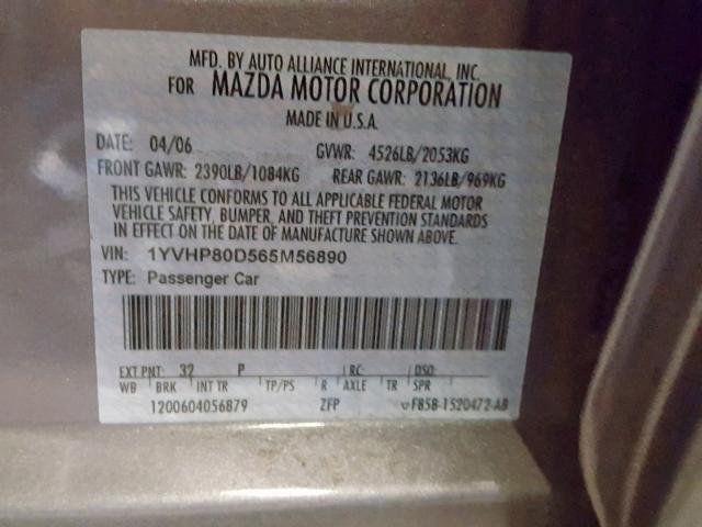 1YVHP80D565M56890 - 2006 MAZDA 6 S GRAY photo 10