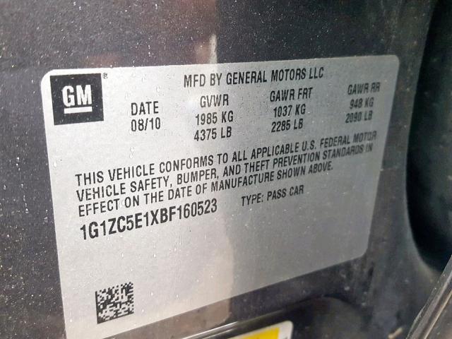 1G1ZC5E1XBF160523 - 2011 CHEVROLET MALIBU 1LT გრაფიტი ფოტო 10