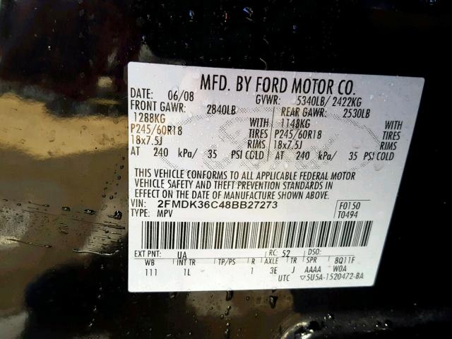 2FMDK36C48BB27273 - 2008 FORD EDGE SE BLACK photo 10