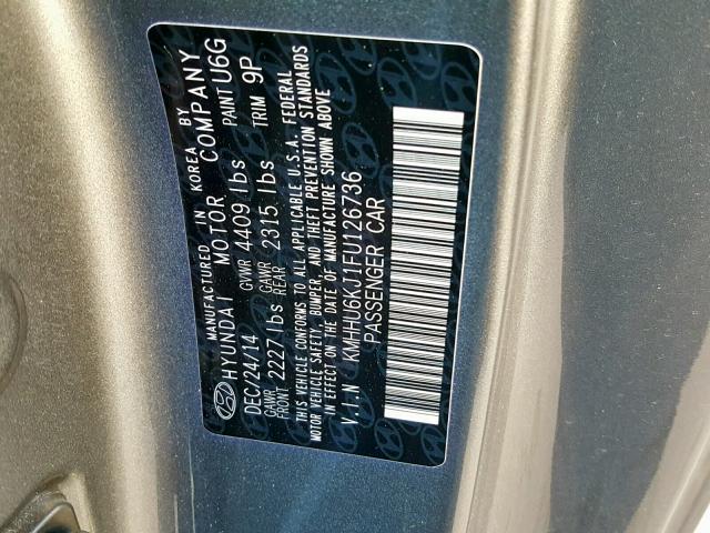 KMHHU6KJ1FU126736 - 2015 HYUNDAI GENESIS CO GRAY photo 10