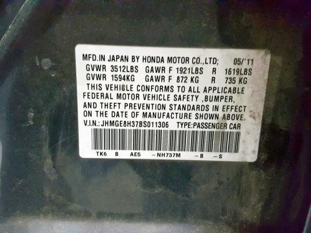 JHMGE8H37BS011306 - 2011 HONDA FIT GRAY photo 10