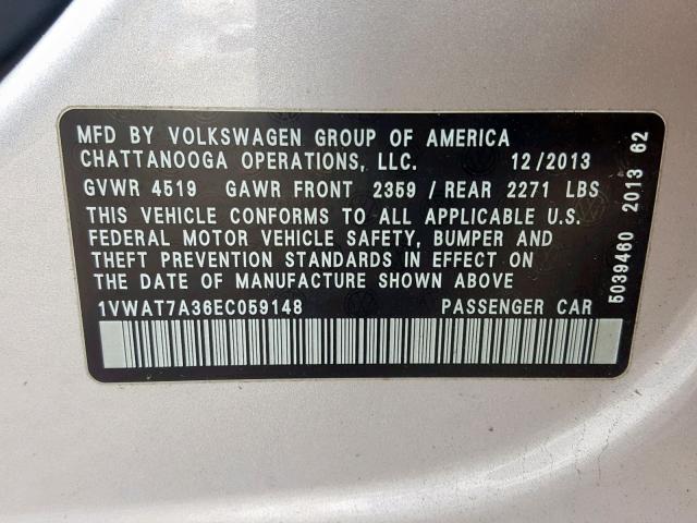 1VWAT7A36EC059148 - 2014 VOLKSWAGEN PASSAT S SILVER photo 10