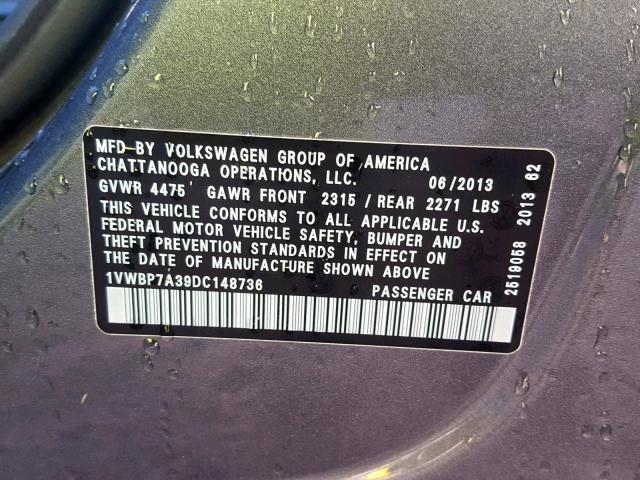 1VWBP7A39DC148736 - 2013 VOLKSWAGEN PASSAT SE GRAY photo 10