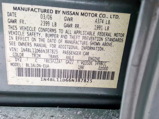 1N4BL11D66N387825 - 2006 NISSAN ALTIMA SE GREEN photo 10