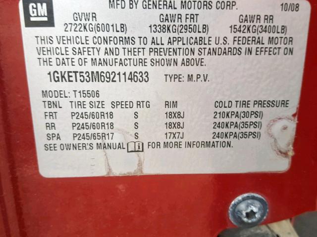 1GKET53M692114633 - 2009 GMC ENVOY DENA RED photo 10