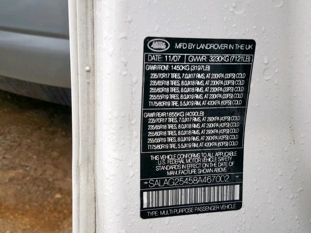 SALAG25458A467002 - 2008 LAND ROVER LR3 HSE WHITE photo 10