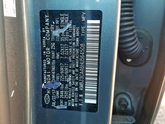 KM8J3CA46HU564508 - 2017 HYUNDAI TUCSON LIM GRAY photo 10