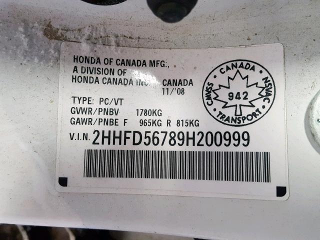 2HHFD56789H200999 - 2009 ACURA CSX TECHNO WHITE photo 10