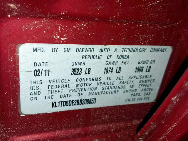KL1TD5DE2BB208853 - 2011 CHEVROLET AVEO LS RED photo 10