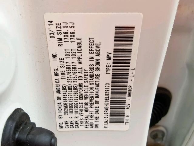 5J6RM3H70EL029173 - 2014 HONDA CR-V EXL WHITE photo 10