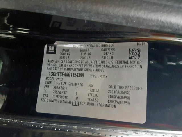 1GCHTCEA0G1154399 - 2016 CHEVROLET COLORADO L BLACK photo 10