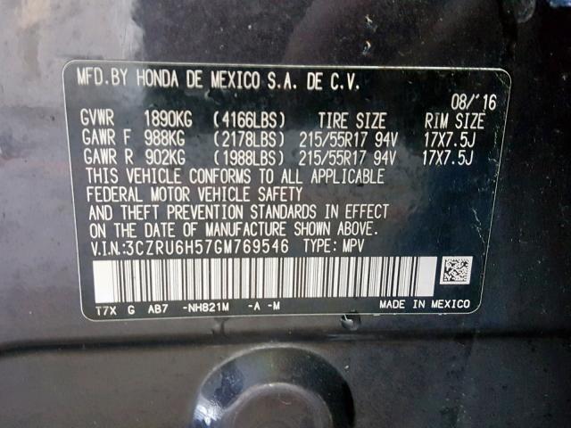 3CZRU6H57GM769546 - 2016 HONDA HR-V EX BLACK photo 10