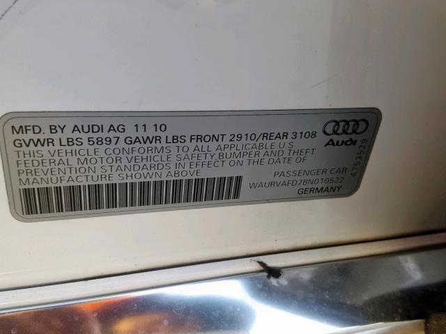 WAURVAFD7BN010522 - 2011 AUDI A8 L QUATT WHITE photo 10