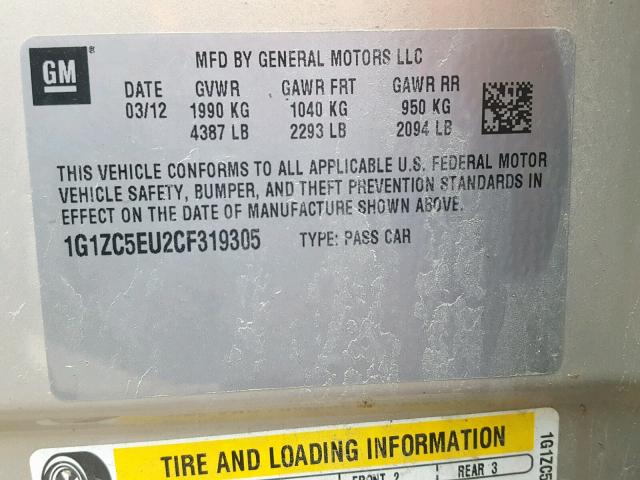 1G1ZC5EU2CF319305 - 2012 CHEVROLET MALIBU 1LT 棕色 照片 10