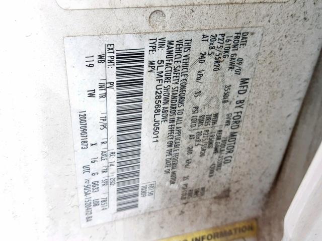 5LMFU28568LJ05011 - 2008 LINCOLN NAVIGATOR Ақ фото 10