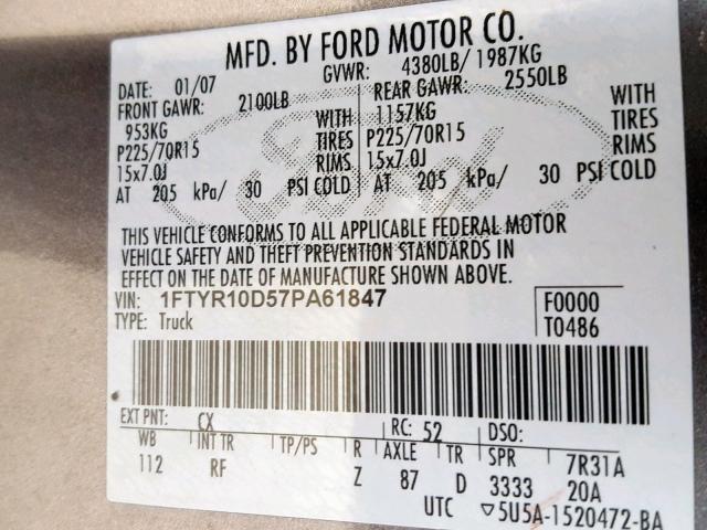 1FTYR10D57PA61847 - 2007 FORD RANGER GRAY photo 10