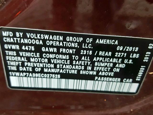 1VWAP7A39EC027525 - 2014 VOLKSWAGEN PASSAT S BURGUNDY photo 10