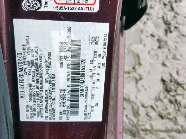 3FAHP0HA6BR165328 - 2011 FORD FUSION SE BURGUNDY photo 10