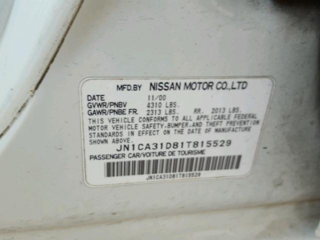 JN1CA31D81T815529 - 2001 NISSAN MAXIMA GXE WHITE photo 10