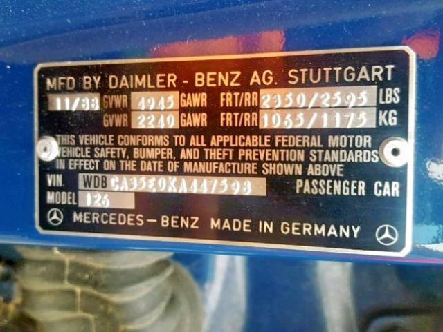 WDBCA35E0KA447598 - 1989 MERCEDES-BENZ 420 SEL BLUE photo 10