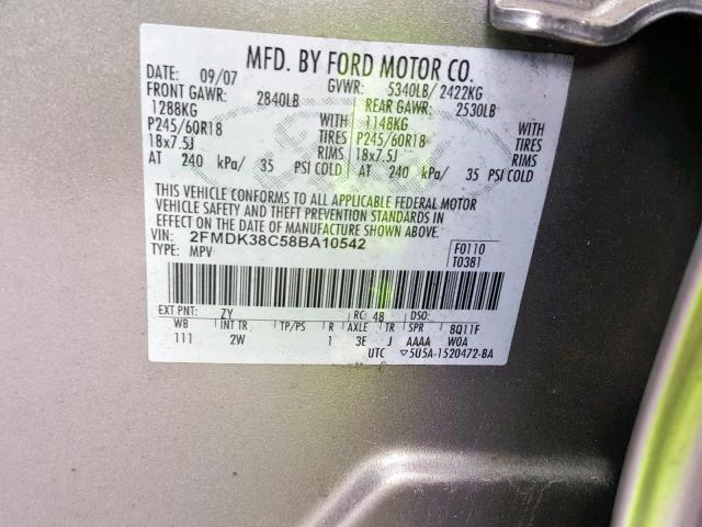 2FMDK38C58BA10542 - 2008 FORD EDGE SEL SILVER photo 10