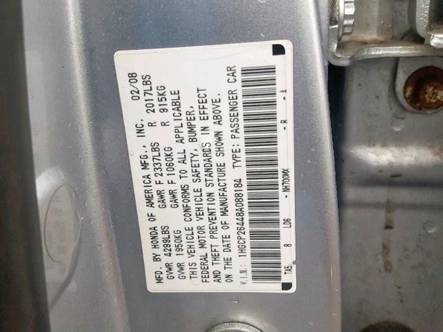 1HGCP26448A088184 - 2008 HONDA ACCORD LXP SILVER photo 10